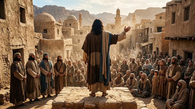 A man seen from behind with long hair standing in a desert village addressing a crowd, disciples nearby, ancient buildings, sunlit dust, sacred teaching atmosphere, ultra-realistic, no logos.