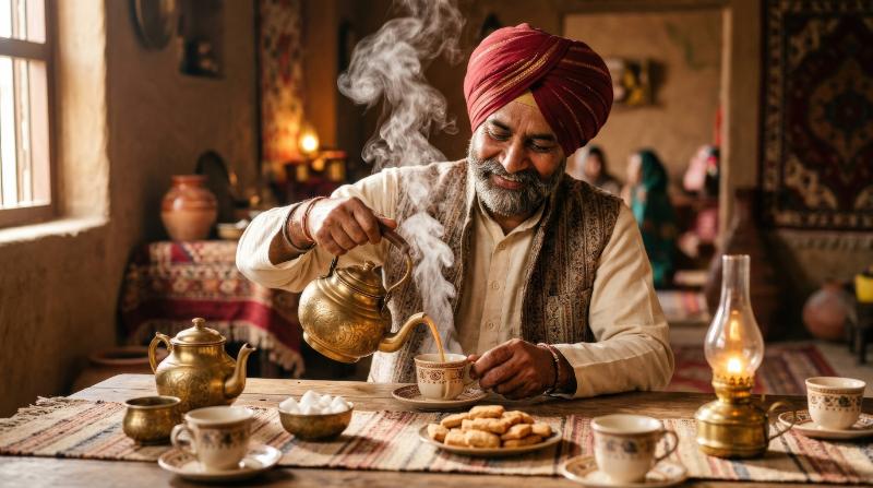 A man in a red turban pouring tea into a cup, rising steam, traditional table setting, warm side lighting, calm and hospitable atmosphere, ultra-realistic, no logos.