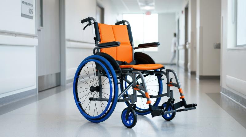 A lightweight companion wheelchair with a bright orange seat and vivid blue wheels, modern practical design and clean clinical presentation, ultra-realistic, no logos.