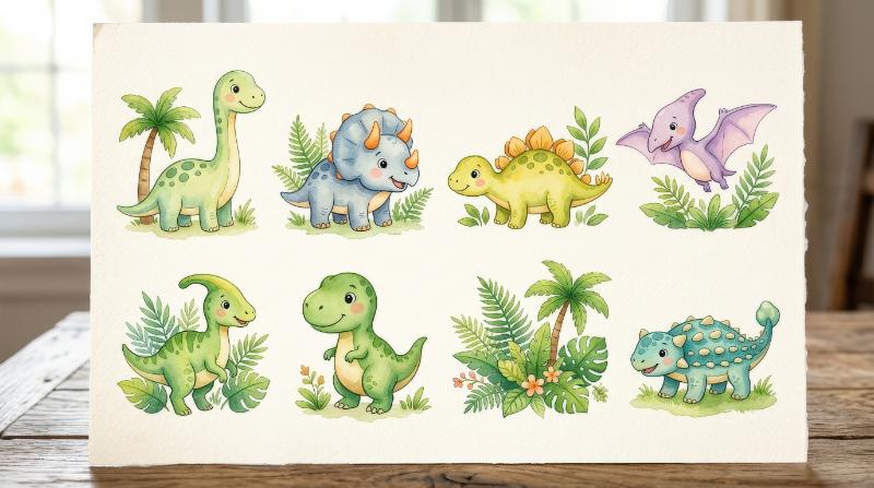 A watercolor set of cute cartoon dinosaurs and green plants, playful jurassic nursery elements, soft cheerful palette, ultra-realistic, no logos.