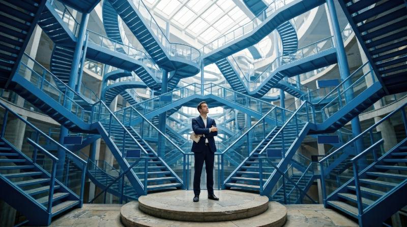 A man at the central junction of an endless network of blue staircases, impossible yet elegant architectural complexity, airy light, mood of decision-making pressure and career possibilities,