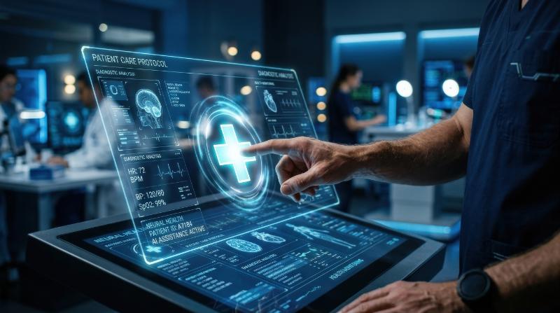 A digital healthcare scene with an AI human hand touching a glowing medical cross on a virtual interface, futuristic patient-care atmosphere, ultra-realistic, no logos.