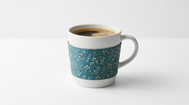 A white coffee cup with a teal sleeve decorated in a delicate floral and dotted pattern, clean studio backdrop and soft light, fresh modern product styling, ultra-realistic, no logos.