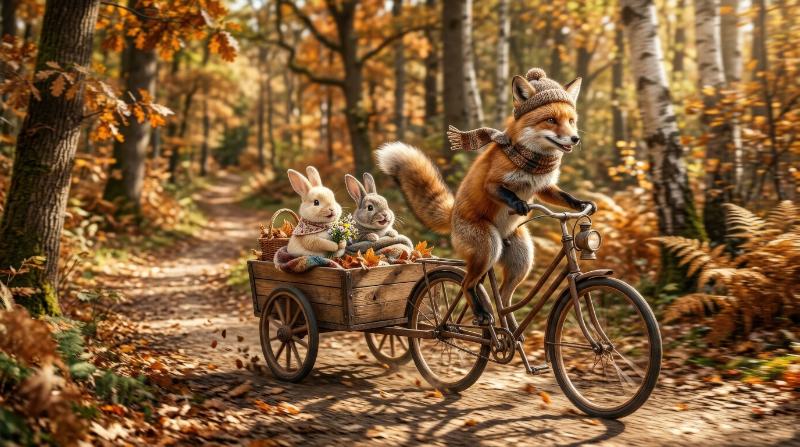 A cute fox riding a bicycle with two rabbits in a wooden cart, charming woodland motion and bright storybook warmth, ultra-realistic, no logos.