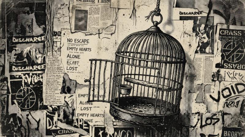 An empty bird cage illustration with vintage halftone stipple effect, grunge punk collage mood and worn retro melancholy, ultra-realistic, no logos.