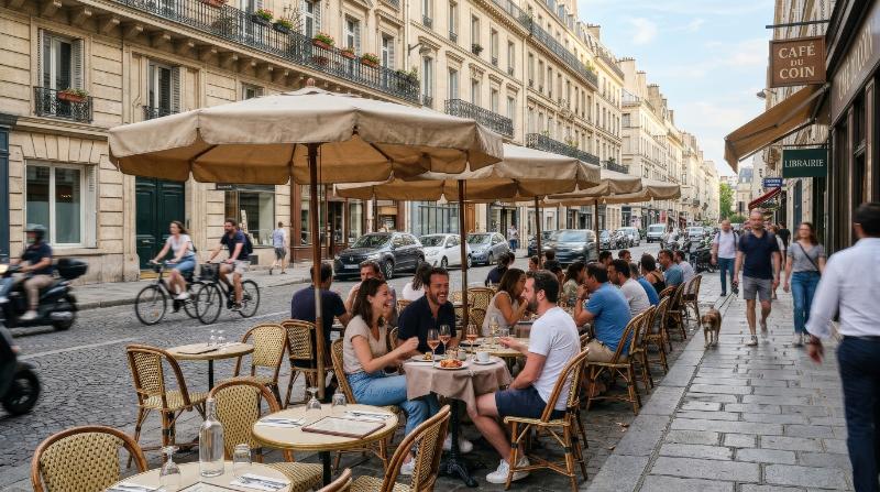 Outdoor café tables and chairs under umbrellas on a sidewalk, soft city rhythm, open-air dining and relaxed street ambiance, ultra-realistic, no logos.