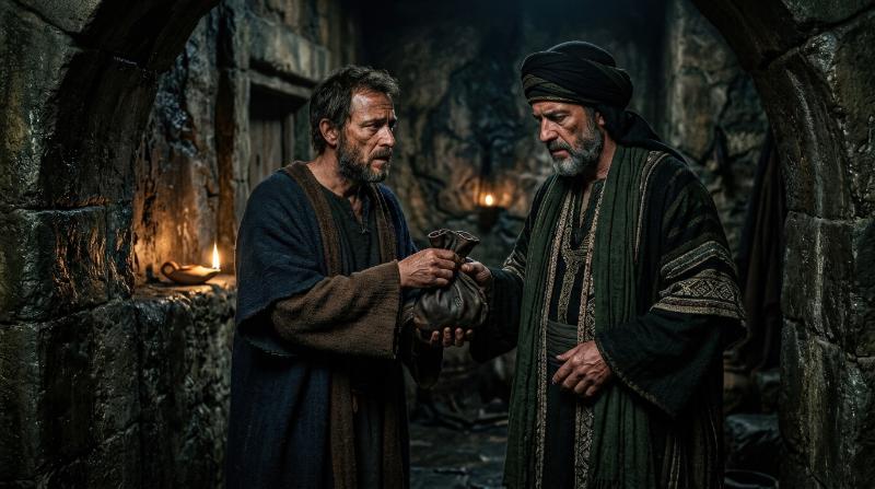 A man in ancient robes offering a money bag to another man, low light, weathered walls, careful gestures and a tense biblical betrayal scene, ultra-realistic, no logos.