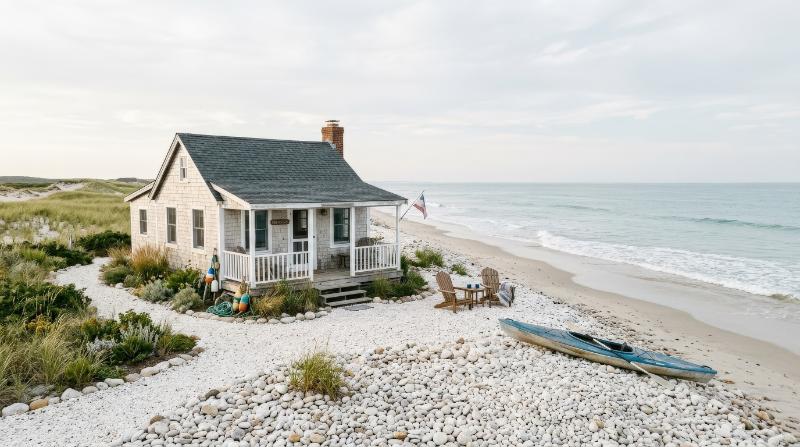 A small house on a beach surrounded by white pebbles, tranquil shoreline and pale sky, concept of coastal home ownership and peaceful beachfront escape, ultra-realistic, no logos.