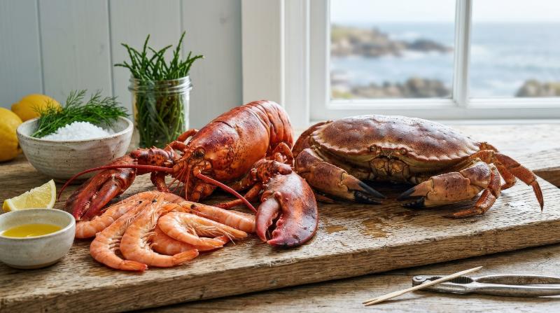 A set of sea animals including lobster, crab and shrimp displayed on a clean backdrop, rich shell textures and coastal culinary character, fresh maritime atmosphere, ultra-realistic, no logos.