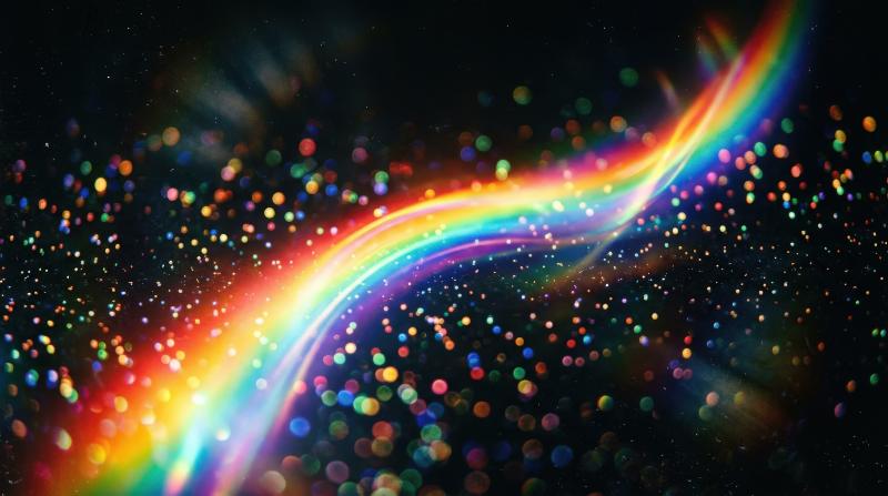 Abstract rainbow light flare spreading across a dark black background, glowing bokeh circles and delicate analog grain adding a retro poster mood, vivid and cinematic, ultra-realistic, no logos.