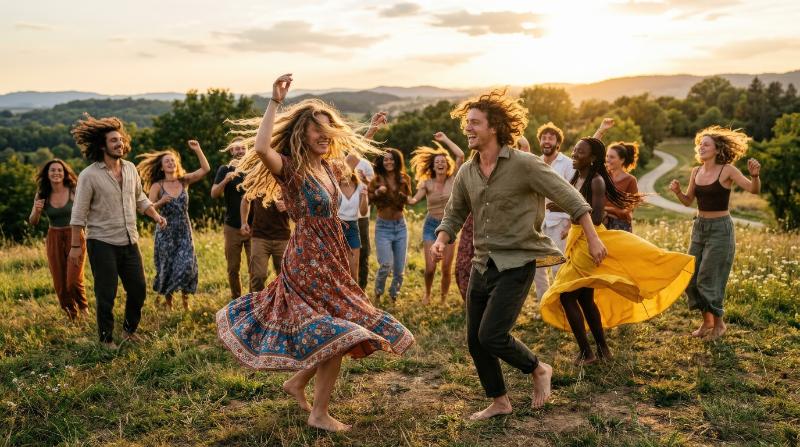 People dancing outdoors in open air, free movement, wind through hair and clothing, natural light and spontaneous energy, carefree vibrant atmosphere, ultra-realistic, no logos.