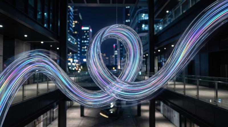 A dynamic glass ribbon with holographic gradient stripes, curved fluid movement, glossy transparency and futuristic design energy, ultra-realistic, no logos.