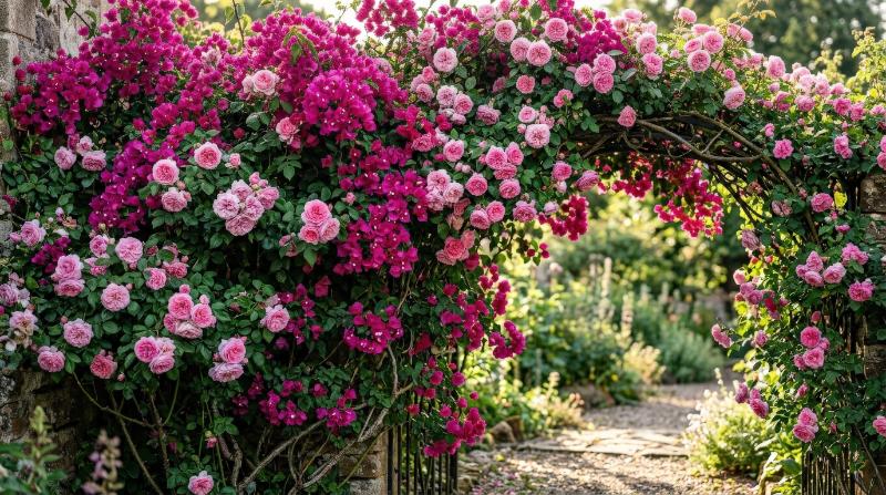 Bougainvillea and climbing rose in full blossom, layered magenta and pink flowers with dense leaves and arching stems, isolated lush floral display, radiant and romantic, ultra-realistic, no logos.