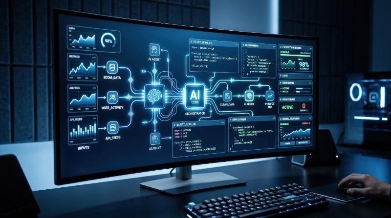 A close-up of an AI automation workflow on a sleek digital display, an intelligent agent linking data streams, code windows, and tool panels with glowing connectors, polished futuristic workspace,