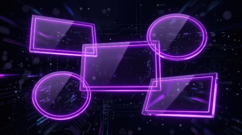 A set of glowing purple glass frames on a dark background, luminous rectangular and oval borders, sleek neon reflections, futuristic digital atmosphere, ultra-realistic, no logos.