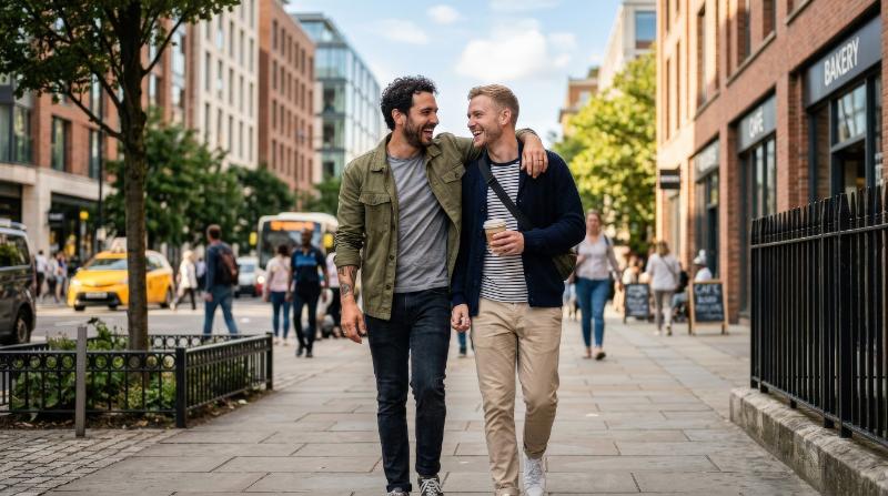 A casual moment shared by a gay couple on a sunny urban street, relaxed smiles, modern city backdrop, warm daylight, natural affection and ease, ultra-realistic, no logos.