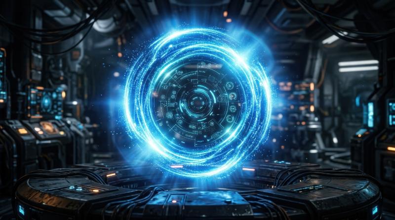 A glowing blue energy ring forming a futuristic sphere-like interface element, radiant light aura and sci-fi atmosphere, ultra-realistic, no logos.