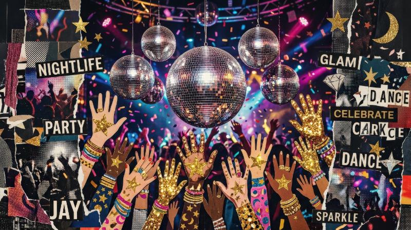 Shiny disco balls and cutout hands with gold glitter stars, halftone collage layers and a glamorous playful nightlife party atmosphere, ultra-realistic, no logos.