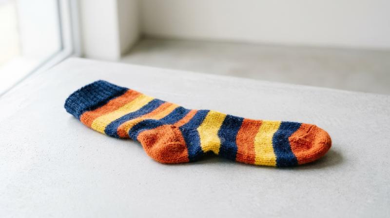 A single striped sock in vibrant navy blue, orange, and yellow, soft knit texture, playful fashion detail, clean studio mood, ultra-realistic, no logos.