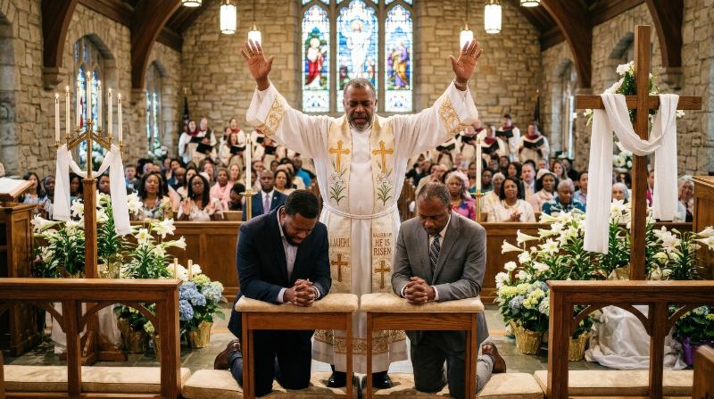 A pastor praying over two men in church during Easter service, hands raised in blessing, warm sanctuary light and a sacred communal atmosphere, ultra-realistic, no logos.