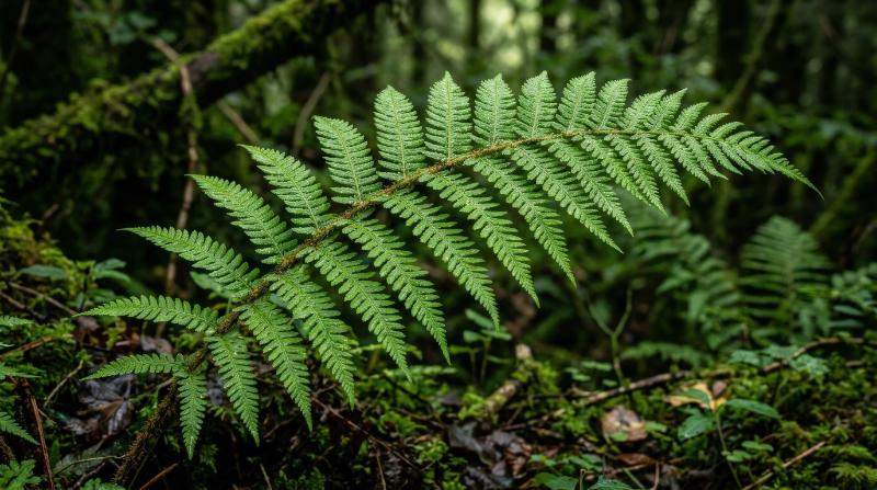 A lush green fern frond with intricate pinnae, crisp botanical detail and vibrant natural growth atmosphere, ultra-realistic, no logos.