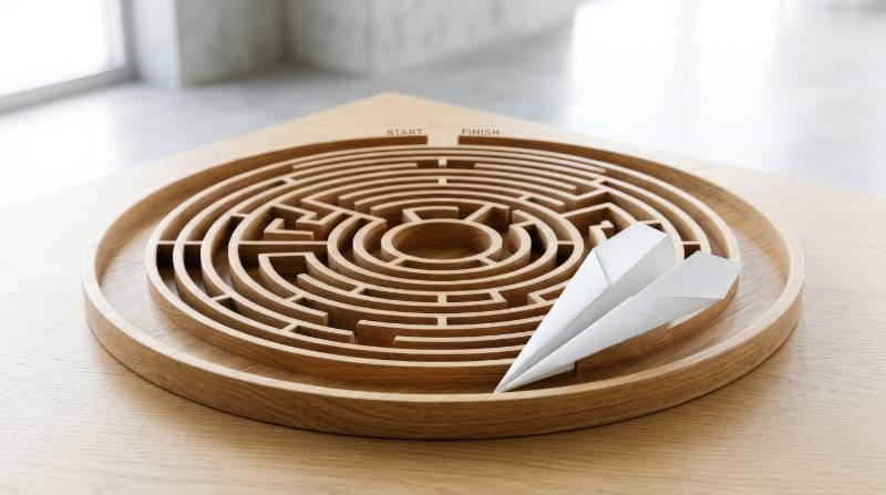 A paper airplane flying around the outside edge of a circular maze, avoiding the interior complexity, clean abstract setting, symbol of innovation shortcuts and lateral thinking, bright clever