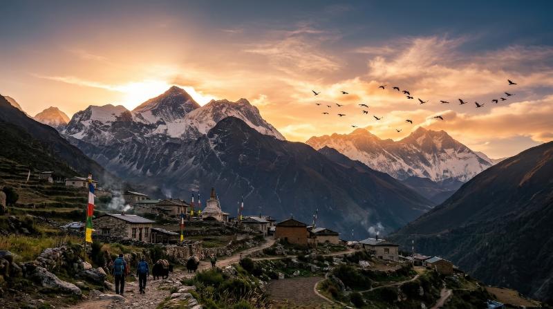 An ethnic mountain landscape with birds flying across the sky and the sun low behind the peaks, warm natural glow, tranquil atmosphere, ultra-realistic, no logos.