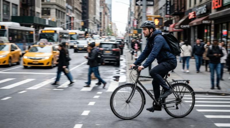 A focused man commuting on a bicycle through a busy city environment, motion in the background, urban streetscape, active eco-friendly lifestyle energy, ultra-realistic, no logos.