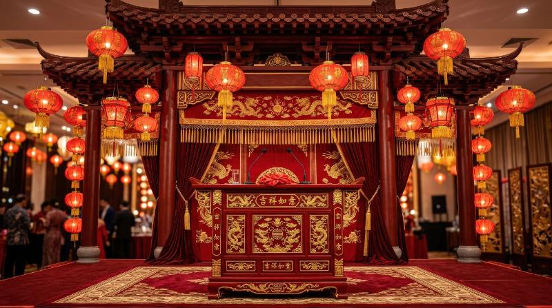A traditional Chinese red podium with torii-inspired backdrop, lanterns and golden tassels, rich festive elegance, ultra-realistic, no logos.