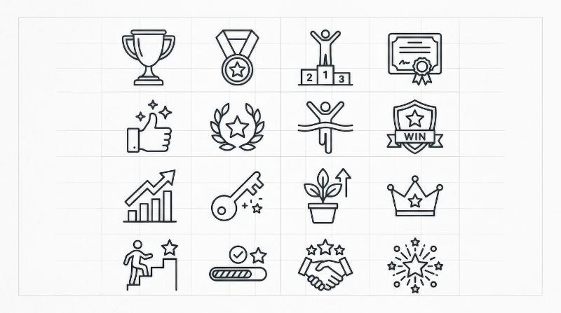 A success and award icon set with trophies, thumbs up, keys, growth and winning symbols in editable outline style, confident achievement mood, ultra-realistic, no logos.