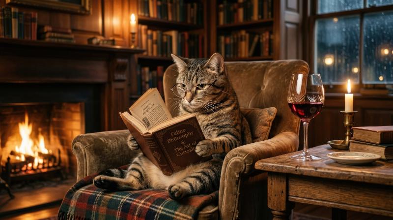 A cat reading a book with a wine glass nearby, whimsical intelligence, cozy evening atmosphere, ultra-realistic, no logos.
