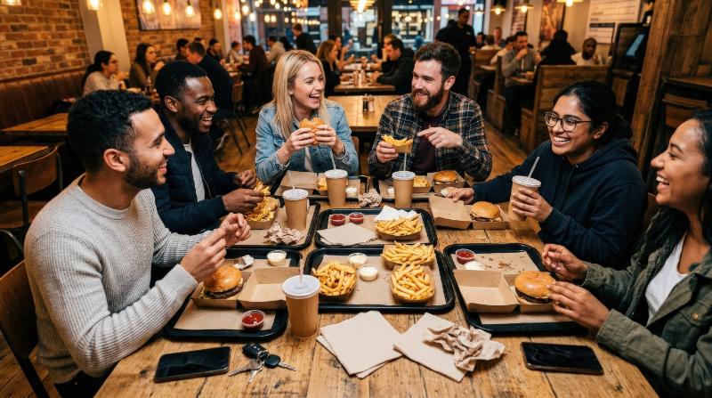 High-angle view of friends sharing fast food at a restaurant table, burgers, fries, drinks, scattered trays, cheerful social energy, warm ambient lighting, ultra-realistic, no logos.