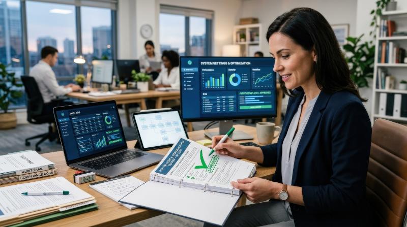 A professional consultant reviewing system settings with an approval checkmark, audit process visuals, documentation layers and productivity enhancement atmosphere, ultra-realistic, no logos.