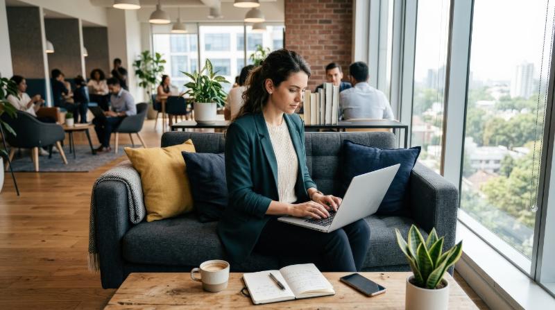 High-angle view of a female entrepreneur using a laptop while sitting on a sofa at the office, modern lounge area, natural light, relaxed productive atmosphere, ultra-realistic, no logos.