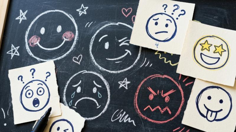 Hand-drawn emoticon doodles in chalk and marker style, playful expressive faces with sketchy lines and casual handmade charm, ultra-realistic, no logos.