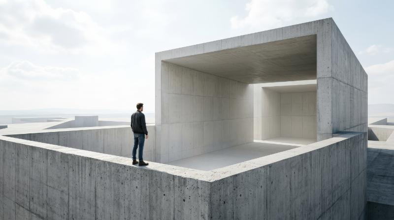 A man standing at the edge of a giant open box, expansive empty interior, clean geometric form, symbol of thinking outside the box and stepping into new ideas, bright conceptual atmosphere,