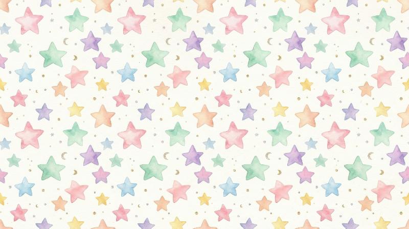 A seamless watercolor star pattern in pastel tones, cute dreamy nursery design with gentle festive sparkle, ultra-realistic, no logos.