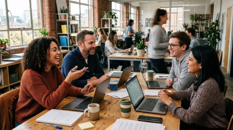 Colleagues interacting and smiling during a casual office discussion, open workspace, laptops and papers on a shared table, natural light and spontaneous gestures, collaborative upbeat mood,