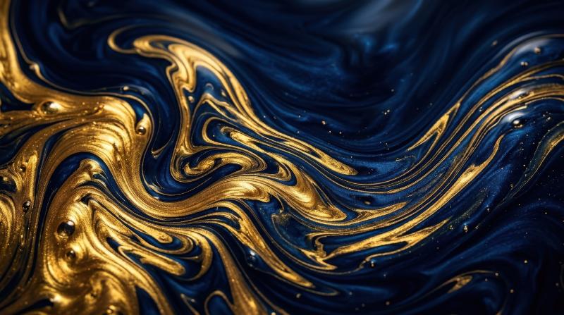 Deep blue and gold abstract fluid texture with luxurious liquid movement, rich contrast, premium elegant atmosphere, ultra-realistic, no logos.