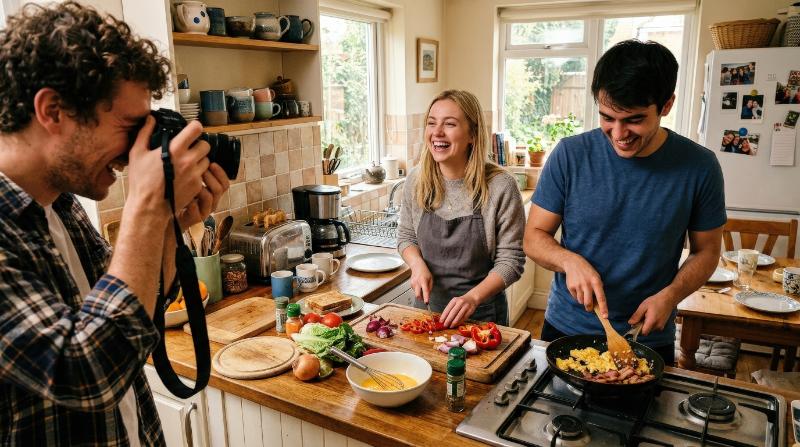 A young man taking a picture of his roommates making breakfast in the kitchen, candid laughter, food prep details and warm shared-home atmosphere, ultra-realistic, no logos.