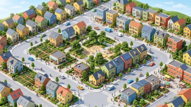 Colorful minimalist neighborhood with isometric houses and tiny figures, clean streets, playful urban planning, bright stylized atmosphere, ultra-realistic, no logos.