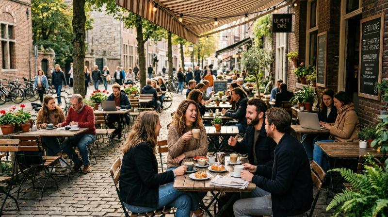 An outdoor café terrace with people drinking, talking and relaxing at morning tables, cozy urban coffee-shop atmosphere and casual social warmth, ultra-realistic, no logos.