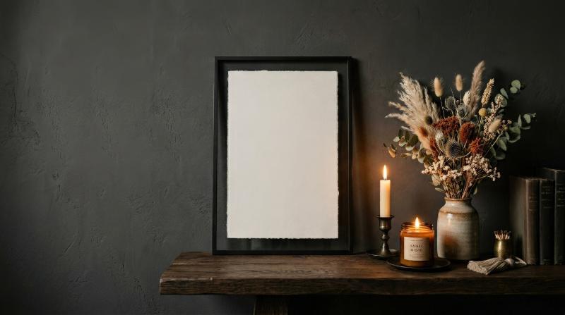 A blank poster frame on a shelf in a dark modern interior with dried flowers and candles, vertical format, moody luxury styling and soft warm glow, ultra-realistic, no logos.
