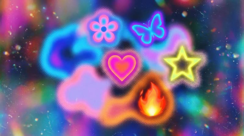 An aura gradient shape set with flower, heart, butterfly, star and fire icons, blurry halftone edges and glowing neon softness, dreamy Y2K mood, ultra-realistic, no logos.