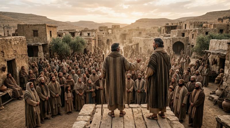 A man seen from behind looking over a crowd in an ancient village, biblical preaching scene, rustic dwellings, dusty light, solemn teaching atmosphere, ultra-realistic, no logos.