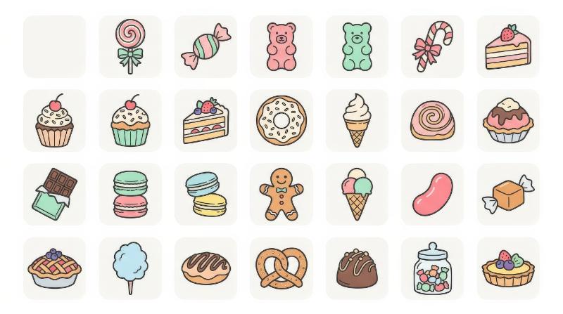 Sweets icon set with candy, dessert and confectionery symbols in an editable line style, playful and charming on white, ultra-realistic, no logos.