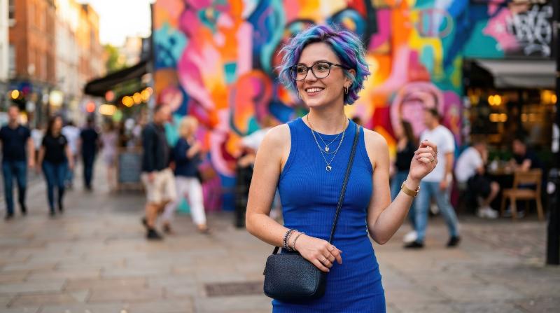 A young woman in a blue dress wearing glasses, colorful short hair and confident modern styling, vivid backdrop and trendy expressive mood, ultra-realistic, no logos.