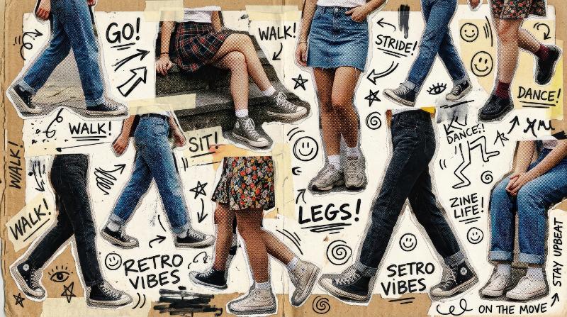 A halftone collage set of walking, sitting and standing legs in jeans, skirts and sneakers, torn paper edges, funny doodles and lively retro mixed-media attitude, ultra-realistic, no logos.