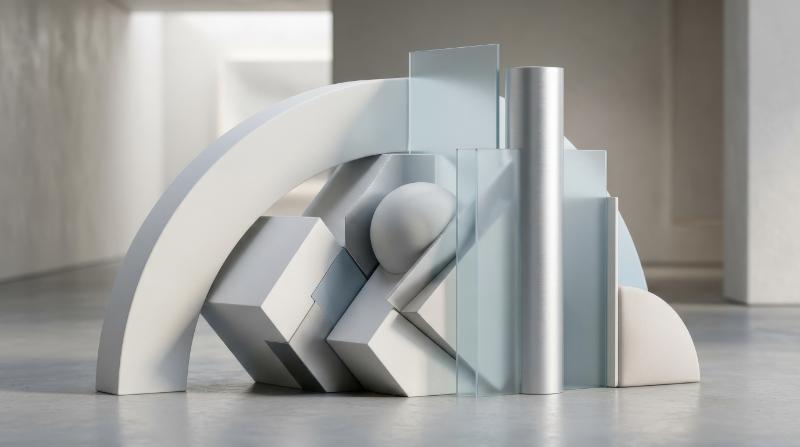 A modern abstract composition of sleek geometric forms, soft shadows and sculptural depth, calm futuristic atmosphere with refined visual balance, ultra-realistic, no logos.