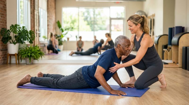 A senior African American man exercising in pilates class with a Caucasian female teacher, supportive posture, studio mats and bright wellness atmosphere, ultra-realistic, no logos.